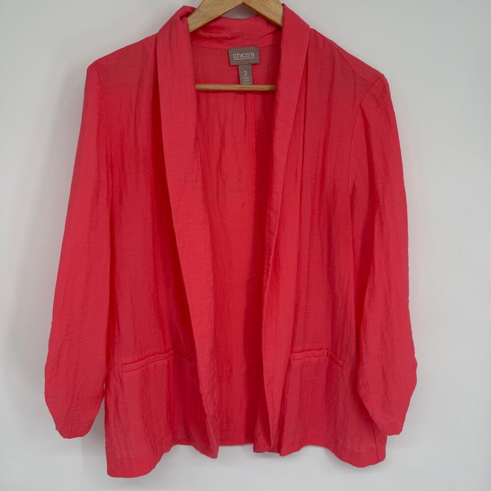 Chico’s Jacket Women’s Large Pink Salmon Lightweight Ruched Sleeve‎ Nautical